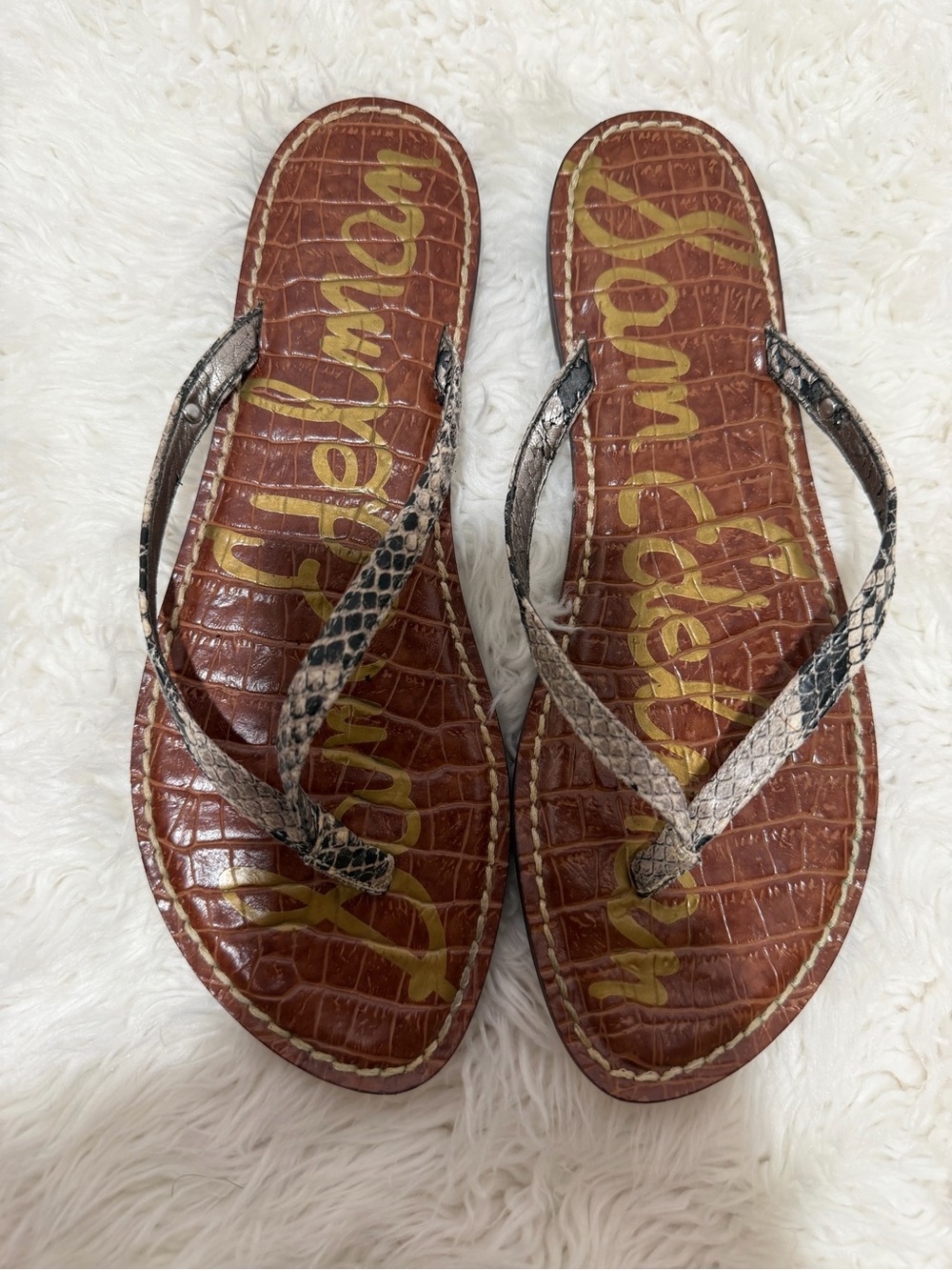 Sam Edelman Brown Croc-Embossed Flip Flop with Snake-Print Straps Sz 8 EUC